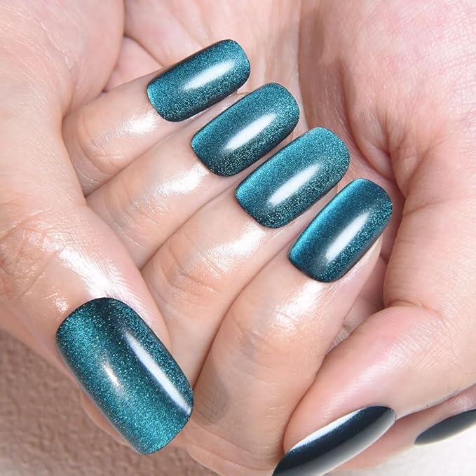 Teal Green Cat Eye Press on Nails Medium Square, Medium Square Press Stick on Nails Chrome for Women Gift, Green Holographic Glitter Glossy Reusable Soft Acrylic Fake Nail with Cateye Effect Design
