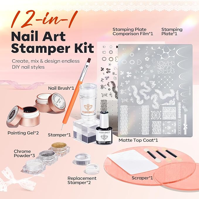 Modelones 16PCS Lace Nail Stamping Kit, French Tip Stamper White Black Painting Gel Polish Chrome Powder Proof Matte Gel Top Coat Gingham Template Dual Nail Art Brush Spring Manicure Gift for Women