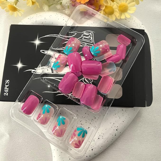 Pink Press on Nails Short Square Fake Nails Floral Acrylic Nails Press ons Spring Summer Glue on Nails Glossy False Nails with Design Reusable Stick on Nails for Women 24 Pcs