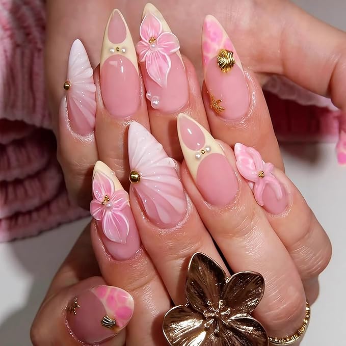 Press on Nails Medium Almond Fake Nails 3D Artificial Nail Spring Pink Stick on Nail for Women 30pcs