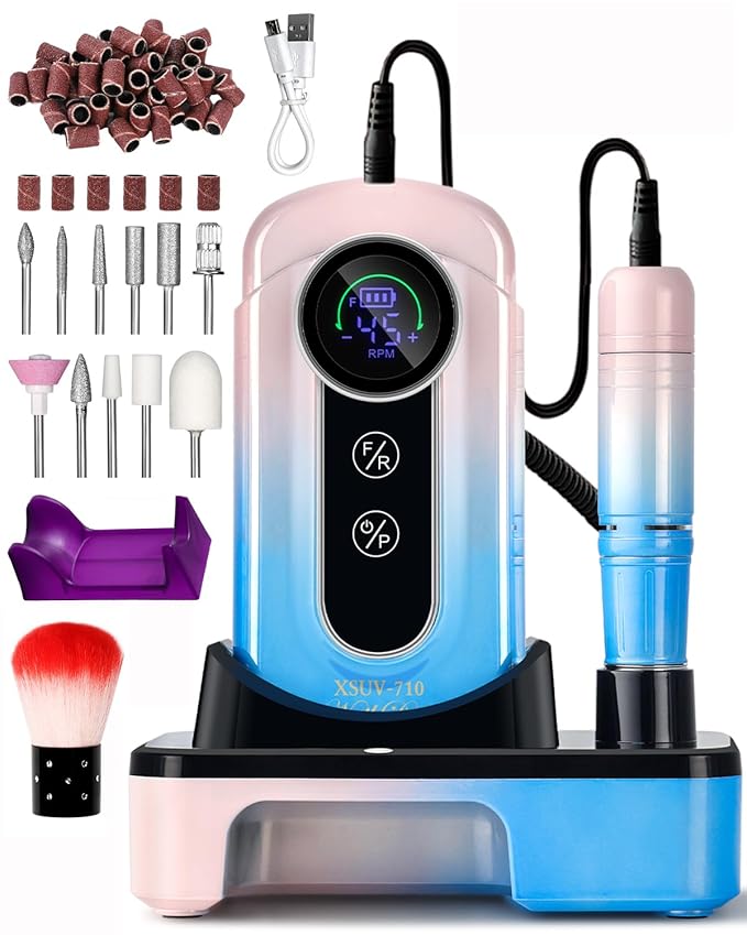 Professional Electric Nail Drill Kits 45000RPM Gradient Blue Portable Cordless 3-in-1 Nail File Machine with Rechargeable Stand and Nail Lamp for Acrylic Gel Polish Removing Home & Salon Use