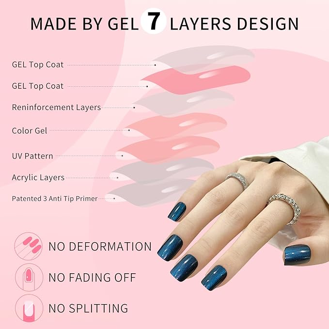 Navy Blue Cat Eyes Press On Nails,12 Sizes - 24 Pcs Soft Gel Navy Blue Medium Square Fake Nails Kit with Nail Glue, Natural Reusable Stick On False Nails for Women and Girls (Skycloud Nails) SK0928