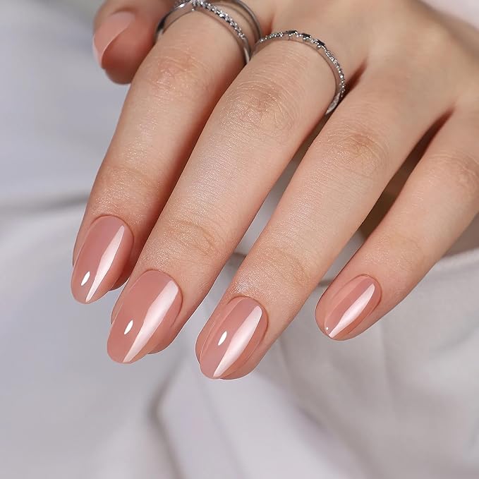 Press On Nails - Silk Blush | Pearl Chrome Nude Medium Almond Fake Nails, Salon Quality | 32 Nails, 16 Sizes Kit with Glue and Adhesive Tabs I Female Founded - Beauty, Self Care