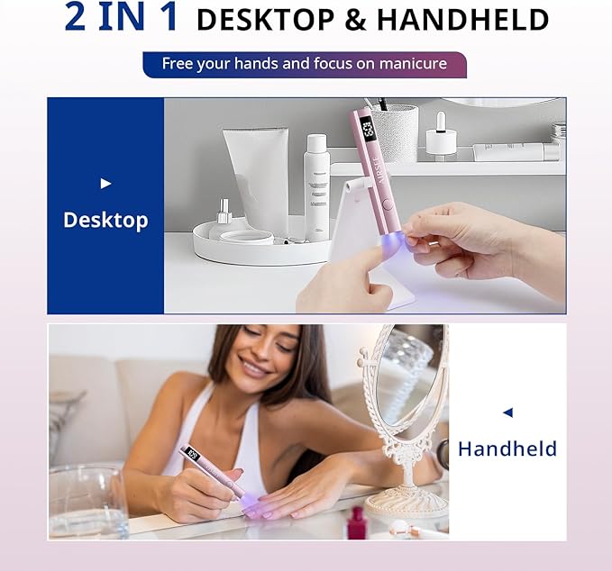 AIRSEE Cordless Nail Lamp with Stand, Handheld UV Light with LCD Display for Gel Nails,Rechargeable USB Nail Dryer for Fast Cure,Rhinestone Glue Decoration,Gel Nail Strips at Home,Travel(Pink)