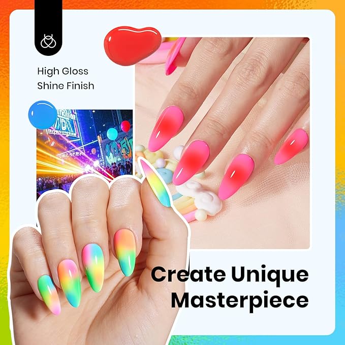 Beetles Gel Nail Polish Set, 6 Colors Hema-Free Neon Rainbow Hot Pink Red Yellow Orange Polish Kit 15ML Full Size Soak off Uv Led Lamp Nail Art Salon Colorful Bottle Manicure