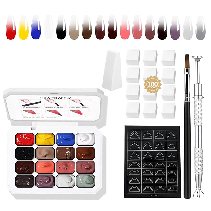 16 Colors Ombre Gel Nail Polish Set,Ombre Color Palette Pat Painting Gradient Blooming Gel Polish with 100Pcs Nail Sponges for Gradient Gels Nail Art Patting in Salon or Home Use