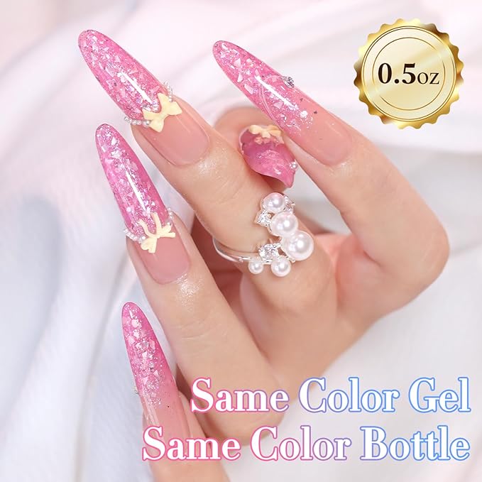 Double Rhythm 0.5Oz Glitter Gel Polish Same Color Same Bollte Shimmer Reflective Color for Nail Art Salon DIY Soak Off 15ml Nail Lamp Gel Polish at Home (Shell Pink-B1204)