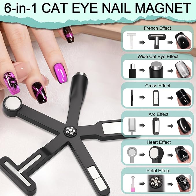 Cat Eye Magnet Set, 3 in 1 Heart Magnet for Cat Eye Gel Polish, 6 in 1 Cat Eye Nail Magnet for Beginners and Pros, Multifunctional Nail Magnet Tool for Nail Art DIY at Home (Black)