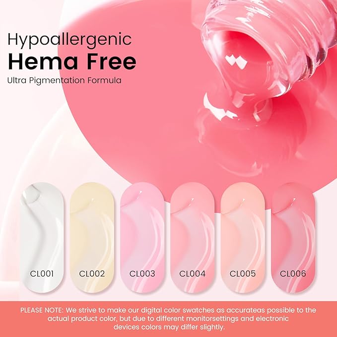 6PCS 18ml TPO Free Jelly Gel Nail Polish Set- Hema Free Milky White Pink Nude Soak off Gel Polish Set with Swatch Board - Same Color Same Bottle Gel Colors Nail Art Salon DIY at Home for Women Girl