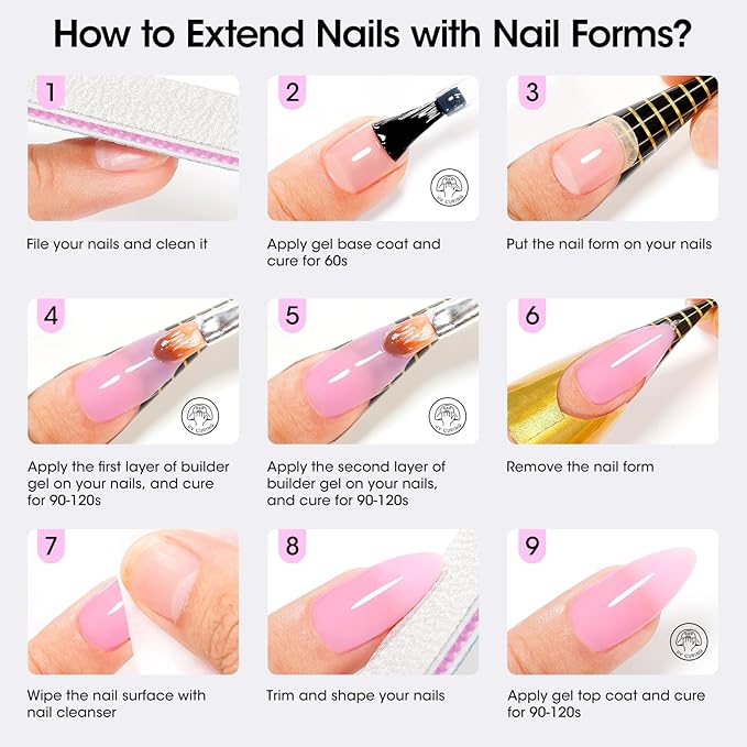 GELLEN Builder Gel Set for Nails,10 In 1 Hard Nail Extension Poly Gel Soak Off UV Polish Set 4 Colors Clear Milky White Classic Pink Nude Apex Sculpting Thickening Nails Salon Home Manicure