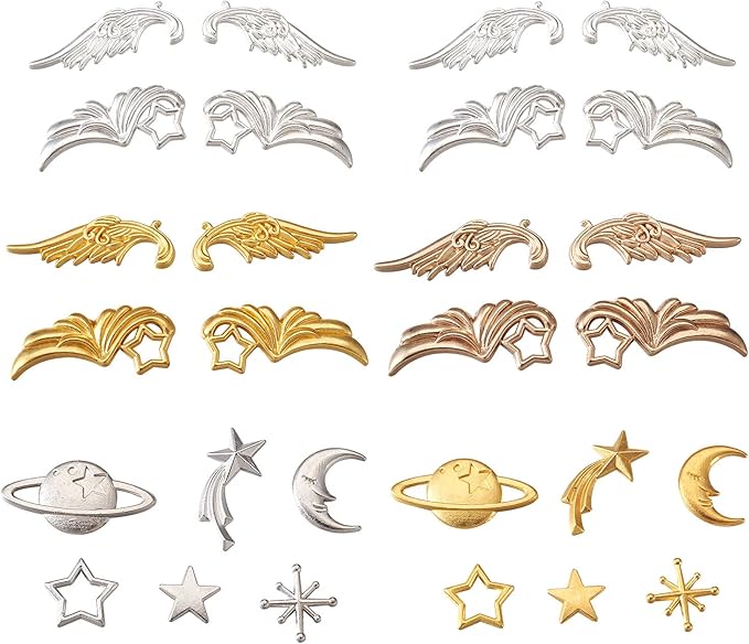 Pandahall 120Pcs Zinc Alloy Cabochons Charms Enamel Settings Mixed Shapes Wing Star Moon Asterism Links Cobochons for DIY UV Resin Epoxy Resin Filling