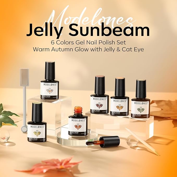 modelones Gel Nail Polish Set, 6 Colors Caramel Brown Orange Green Jelly Gel Polish Tortoise Yellow Gold Glitter Cat Eye Nail Polish with Magnet& Wooden Stick Soak Off LED DIY Gift