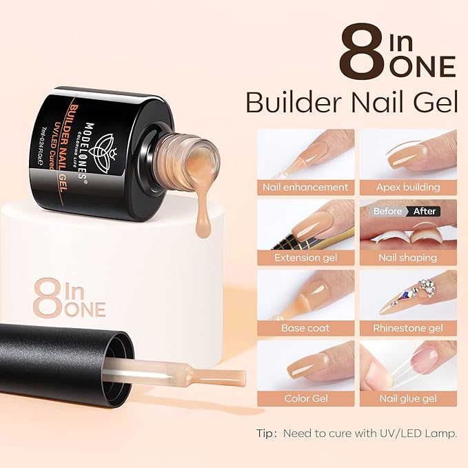 modelones Builder Nail Gel Polish Set, Base Colors 8-in-One Jelly Caramel Brown Latte Clear Builder Nail Gel for Nails Strengthener Hard Extension Rubber Lamp Cured 6 Colors