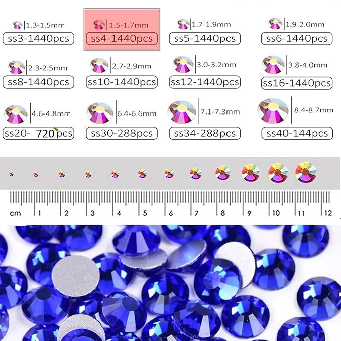Dowarm 1440 Pieces SS4 Flatback Rhinestones, 1.5MM Flatback Nail Crystal Rhinestones for Craft Nails Dance Costumes, Non Hotfix Rhinestones (SS4 / 1.5MM, Blue/Sapphire)