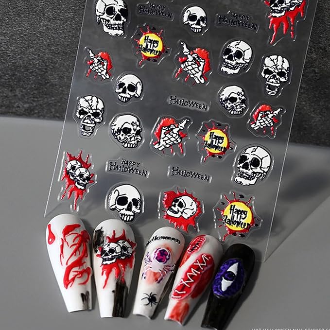 Halloween Bone Nail Stickers, 4 Sheets Embossed Skeleton Finger Self-Adhesive 5D Nail Art Decals for DIY Skull Manicure