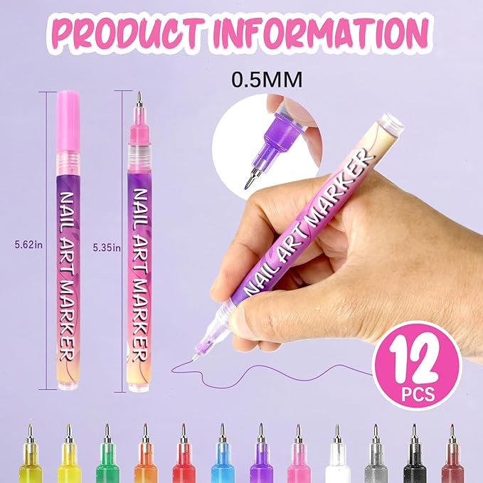 12 Color Nail Art Pens for Painting Nails, 0.5 MM Nail Polish Pens Drawing Point Liner Painted Pen Kit, Waterproof Quick-drying for DIY Nails Art Design Manicure Tools
