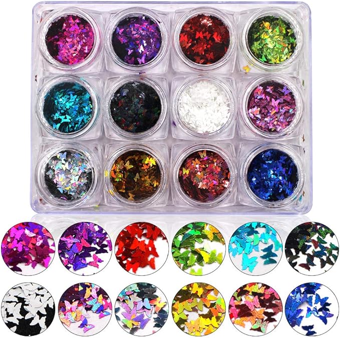 DIY 12pcs Color Set Nail Sequins Laser Butterfly Shape Glitter Flakes Manicure Art Decoration Accessories Tools LB-Butterfly