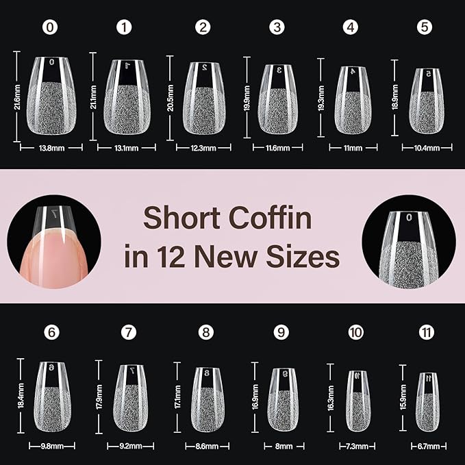 Misssix Short Coffin Gel x Nail Tips Kit, 216Pcs Pre Etched Clear Fake Nails, Full Cover False Nail 9-in-1 Gel Glue and Portable Mini U V Nail Lamp for Women 12 Sizes