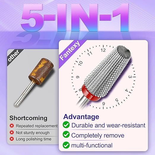 FANTEXY 3/32" Carbide Nail Drill Bits - 5 in 1 Cuticle Drill Bits for Nails, Gel Remover Drills Bit, Professional Nails File Bits for Old Skin and Nails, Manicure Pedicure Gel Polishing (Fine - F)