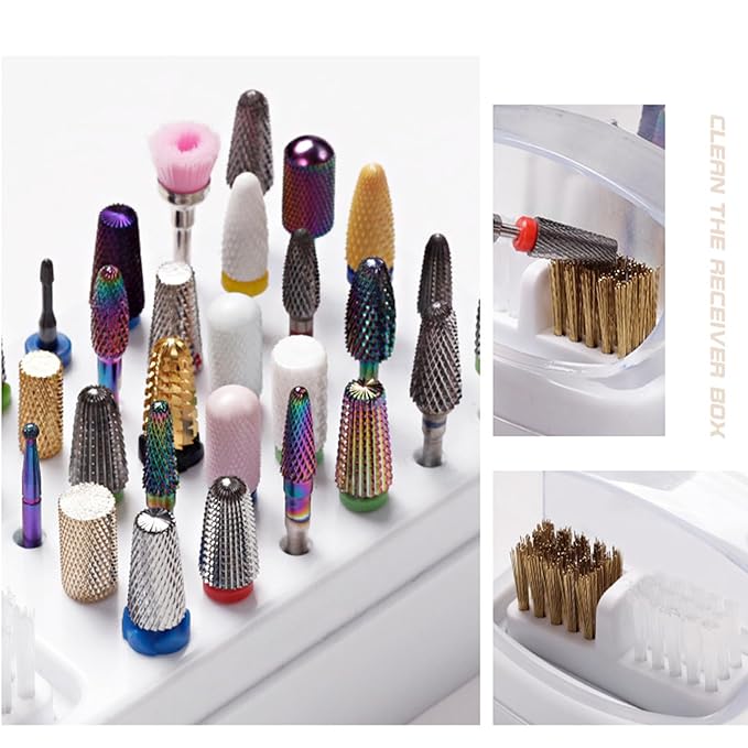 HURRISE Nail Drill Bit Holder,Nail Drill Bit Display Box Nail Drill Bit Storage Plastic 30 Holes Transparent Portable Nail Drill Bit Holder with Cleaning Brush (White)