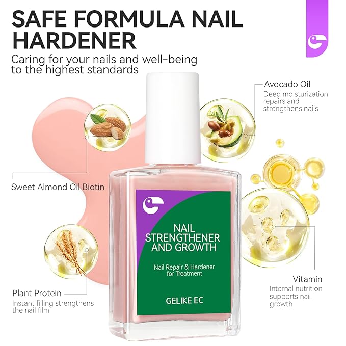 Nail Strengthener and Growth for Damaged Nails: Nude Pink 15ml Protein Nail Hardener Extra Strong and Growth for Weak Nails - Gelike EC 6 in 1 Quick Dry Ridge Filler - Housewife Office Lady Home Care