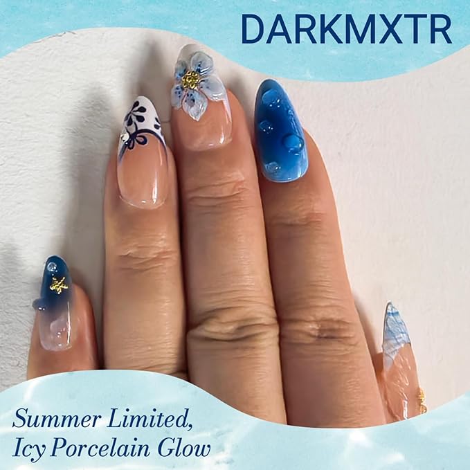 3D Blue Floral Press on Nails (30 Pcs) - Long Almond Fake Nails with Handmade Flower & Glazed Design,Easy Application Manicure Set for Work, Party & Daily Use, Perfect for Women