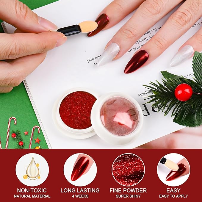 Red Green Chrome Nail Powder - Christmas Nail Chrome Powder Holographic Mirror Metalic Effect Chrome Powder For Nails for Christmas Home DIY Nail Art