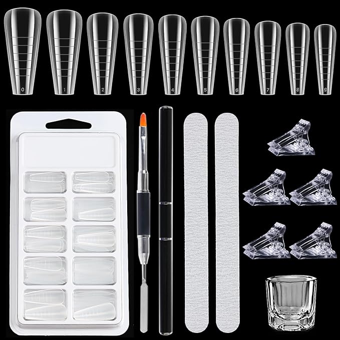 Dual Forms For Polygel,100pcs Ballerina Nail Forms For Builder Gel 10 Sizes Poly Gel Nail Tips Acrylic Extension Nail Mold Set With Brush/Clip/File/Crystal Cup,Manicure Kit For Beginner