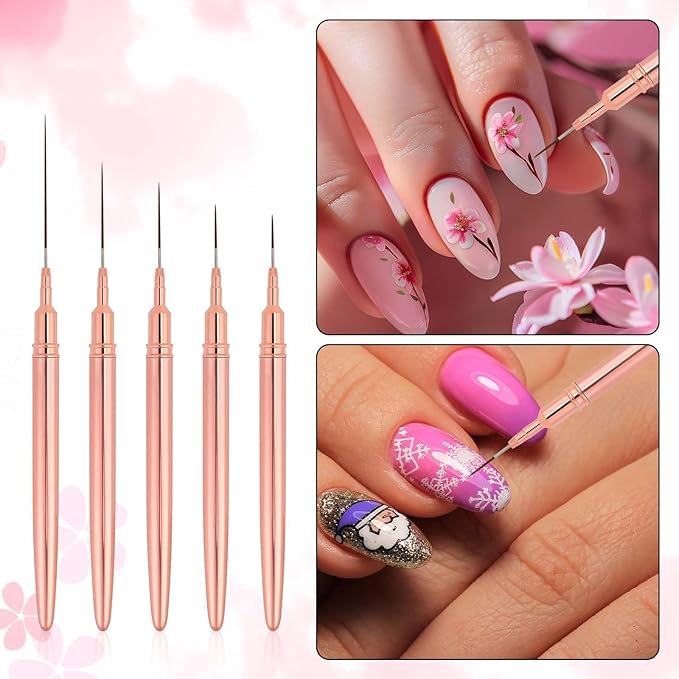 5pcs Nail Art Liner Brushes, Fine Nail Art Pens Thin Detail Fingernails Drawing Tool Long Line Painting Striping Brushes for Gel Polish Nails Design, Size 7/9/11/15/25mm