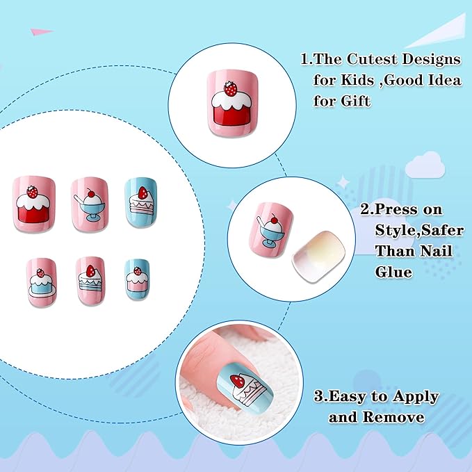 JANYUN 96 Pcs Kids False Nail Stick on Nails Full Cover Short False Nails Children Nail Tips Lovely Gift for Kids Little Girls Nail Art Decoration (Fruits Color)