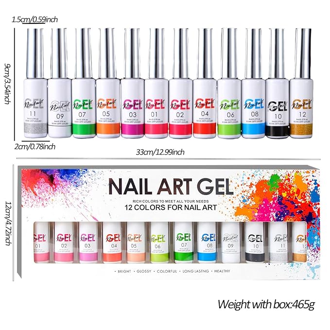 Nail Liner Gel Polish Kit,12 Colors Line Art Painted DIY Nail Polish,2in1 Ultra-fine Brush Head French Pull Line Graffiti Drawing Flower Stripe Design UV Gel Varnish For Nail Art Salon