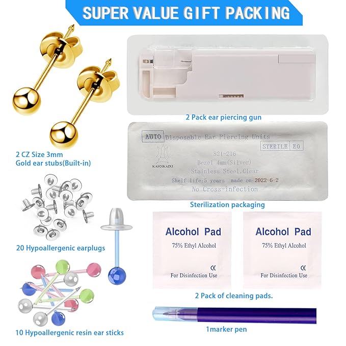 KAIQIKAIXI 18Pcs Ear Piercing Kit Automatic And Painless Ear Nail Gun Disposable Aseptic Household Ear Piercing Gun Portable Ear Piercing Gun Group Ear Piercing Tools (3mm, Golden)