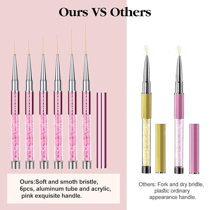 SAVILAND 6pcs Nail Art Liner Brushes & 5pcs Multi-Size Dotting Tools Set - Nail Brush Gel Polish Painting Nail Art Design Brushes Pen with Crushed Diamond Rhinestone Handle for Pulling Lines