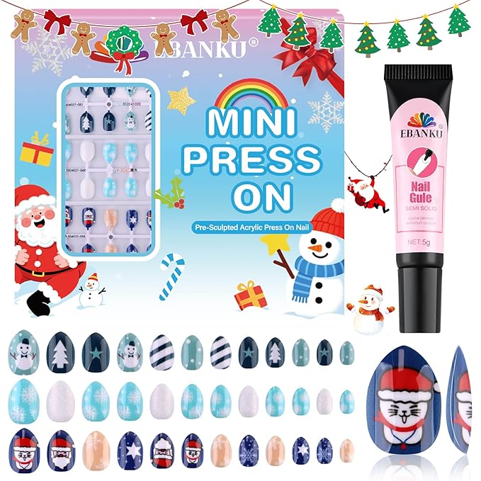 72PCS Christmas Kid Press on Nails, EBANKU 3 Pack Children Fake Nail Kit Snowman Snowflake Press on Nails for Girls 8-12 Years with Jelly Nail Adhesives & Nail Builder Glue