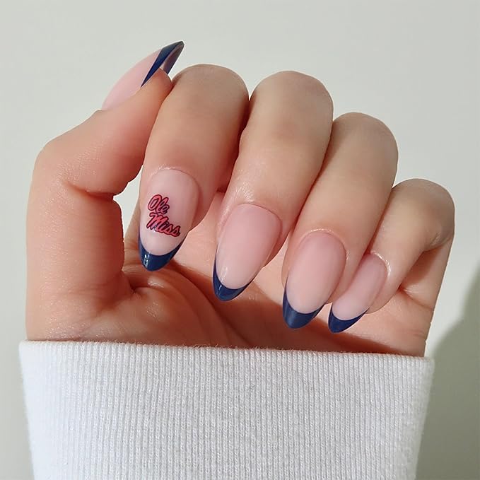 Glamnetic x Fanatics Press On Nails - Mississippi Rebels | Short Almond Fake Nails, Collegiate Mississippi Blue French Tips, College Nails, Salon-Quality | 15 Sizes - 30 Nail Kit with Glue