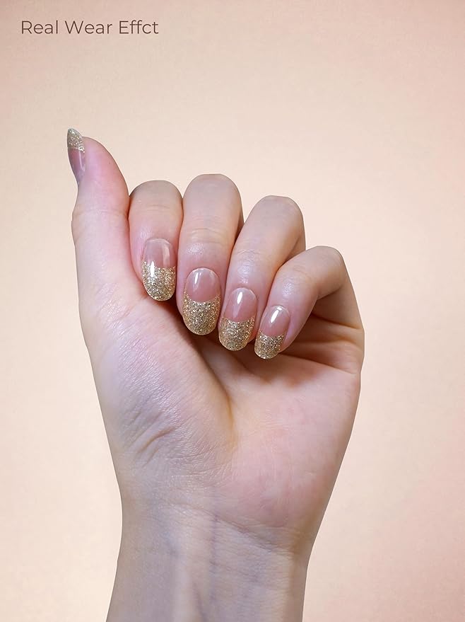 Pre Cured Gel Nail Strips - 44PCS Salon Quality Gel Nail Stickers - Long Lasting Polish Wraps for Women no UV Light Needed Easy Apply & Remove (Gold Haze