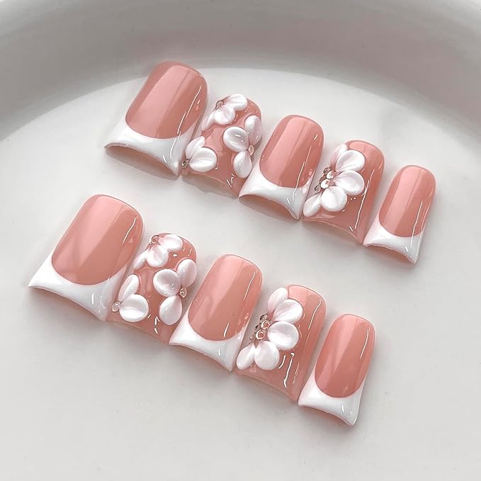 White French Tip Press on Nails Handmade Short Duck 3D Floral Thick Acrylic Nails Elegant False Nails with Flower Rhinestones Designs White Glossy Fake Nail Sturdy Wedding Art Press on Nail 10Pcs(M)