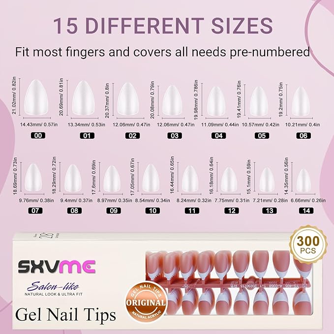 Gel French Tip Nails Short Almond French Tip Press on Nails SXVME White French Nail Tips 300Pcs Pre-applied Tip Primer Natural Brown Fake Nails Extensions Gel Nail Kit for Women Girls DIY
