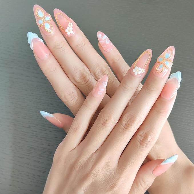10 Medium Almond Handmade Press On Nails | Light Pink & Baby Blue Ombre Fake Nails with 3D Floral, Gold Rim & Marble Accents | Reusable, Easy Apply Salon Quality (251218, S)