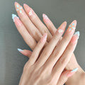 10 Medium Almond Handmade Press On Nails | Light Pink & Baby Blue Ombre Fake Nails with 3D Floral, Gold Rim & Marble Accents | Reusable, Easy Apply Salon Quality (251218, S)