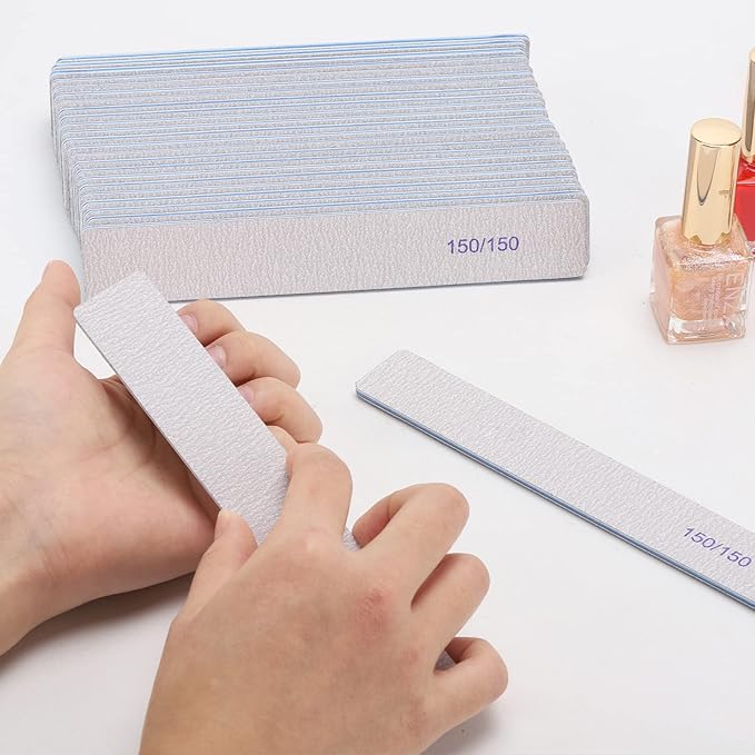 50 Pieces 150/150 Grit Rectangle Nail Files for Acrylic Nails, Reusable Buffing Nail Files Double Sided Emery Boards Manicure Tool