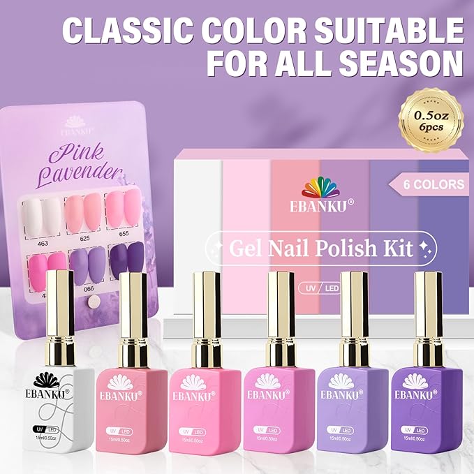 EBANKU 6 Pcs Pink Gel Nail Polish Set, 15ML Same Color Same Bottle Valentine's White Purple Soak Off Gel Nail Polish Kit Nail Art Manicure Gifts for Women