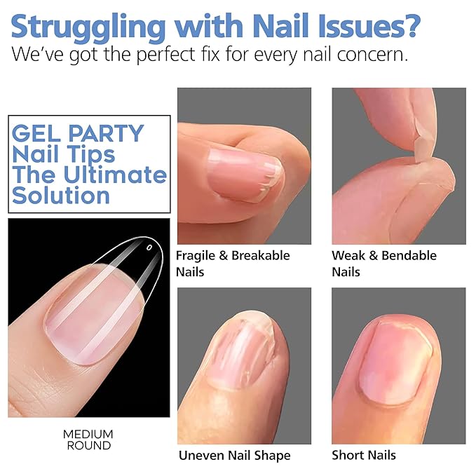 GELPARTY Soft Gel Nail Tips Medium Round - 240Pcs Pre-Buffed Matte Full Cover Tips - Natural Look, No Filing Needed, Soak Off Gel Extension System - Clear False Nails (12 Sizes)