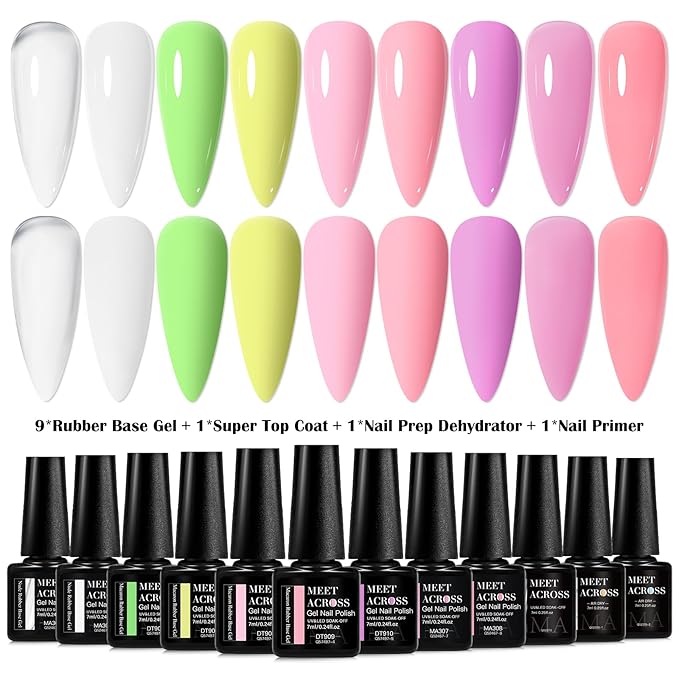 MEET ACROSS 12 Pcs Base Color Gel Nail Polish, 9 Colors Macaron Gel Polish Pink Nail Polish Clear Nail Polish Purple Sheer French Tip Base Colors Soak Off Nail Art Manicure DIY at Home Gift for Women