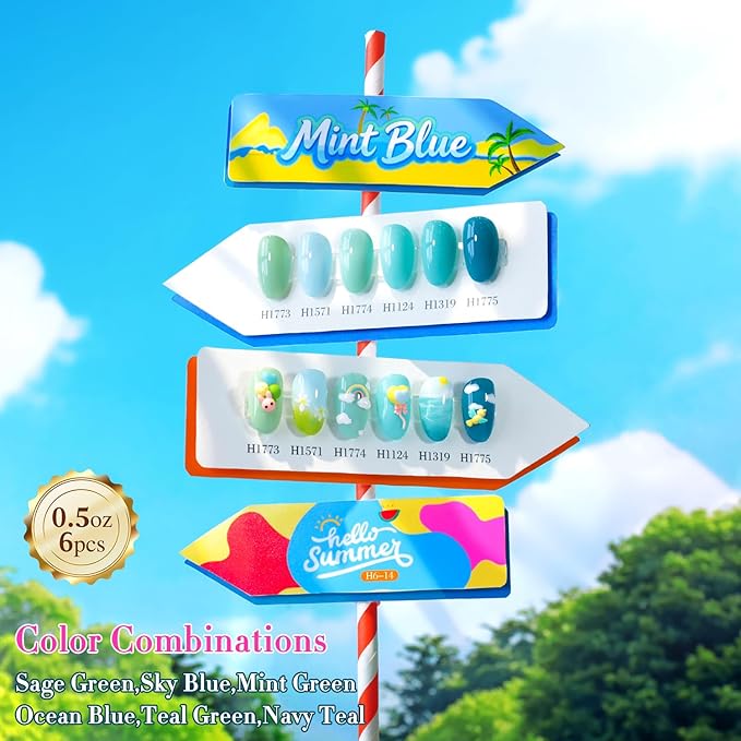 Double Rhythm 6 Pcs Hema Free Gel Polish Set 0.50 OZ Same Color Same Bottle Soak Off Neutral Natural Milky Gel Polish Kit Nail Art Manicure Salon DIY at Home (Pale Green Mint Blue Teal-H6-14)