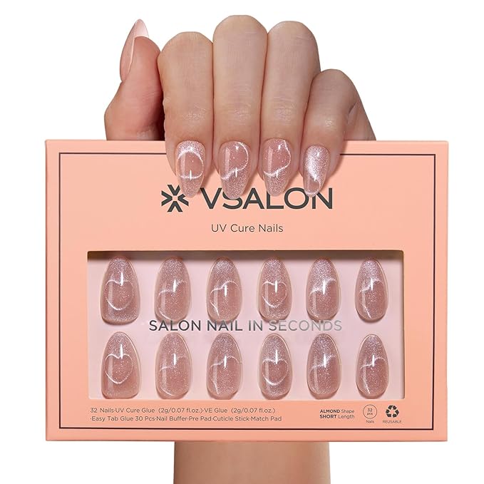 VSALON Press On Nails Short Almond, 32 Pcs 16 Sizes Nude Cat Eye Press On Nails Neutral Sparkly Fake Nail With UV Glue On Nail Kit, Reusable Stick On Nails Salon Quality Valentines Gifts For Women