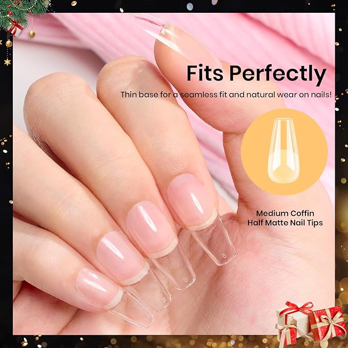 Beetles Gel Nail Tips Medium Coffin Etch X, 12 Sizes 288Pcs Pre Shaped Half Matte Full Cover Press On False Nails Tips Acrylic Fake Nail Extensions Kit Easy DIY Salon Manicure Gift for Women