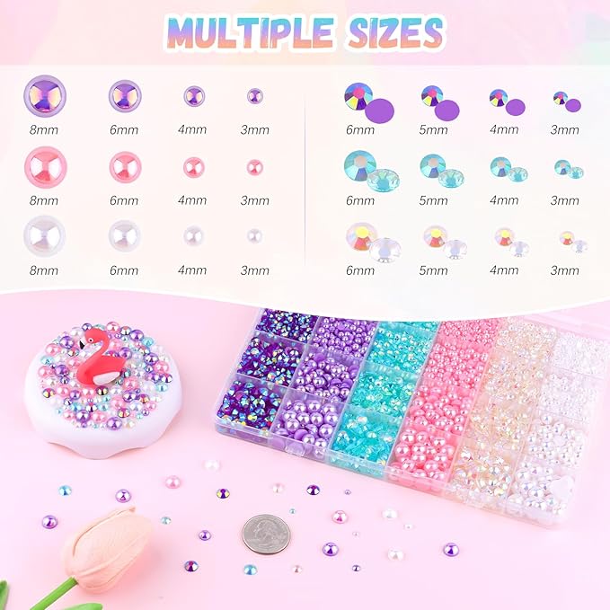 14000Pcs Flatback Pearls and Rhinestones for Crafting, Pink Purple White Mixed Size 3-8mm Resin Rhinestones and Half Pearls for Bedazzling, Nail Art with Tweezers and Pickup Pencil