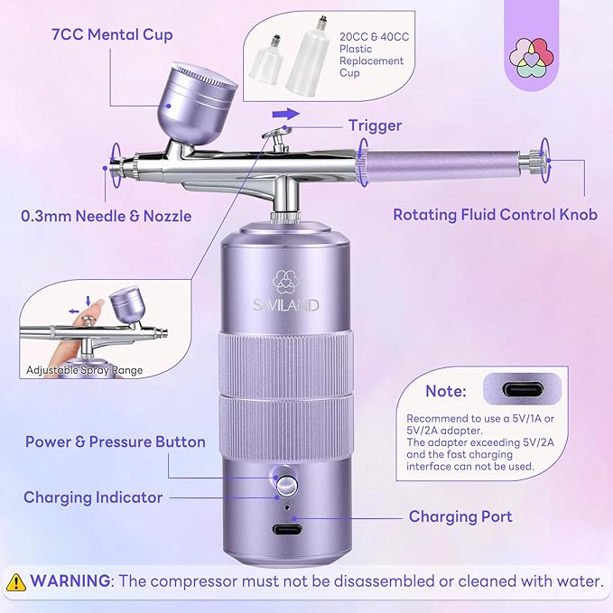 SAVILAND Advanced 30 PSI Airbrush Kit: Purple AirBrush for Nails 0.3s Instant atomization Three-Mode Limitless Nail Art Creativity & Salon-Perfect Instant Color Nail Airbrush Machine for Ombre French