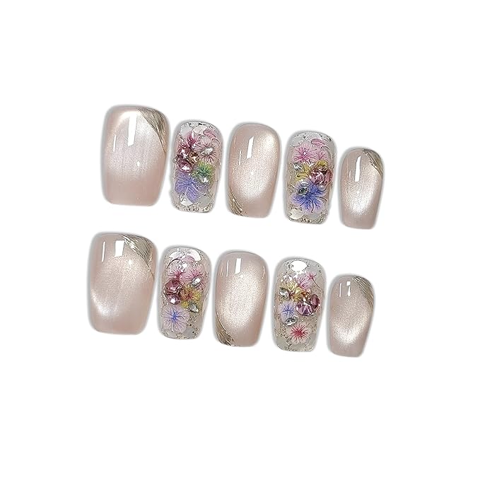 10pcs Press on Nails, Medium Coffin Glossy Fake Nails, Nude Cat Eye Nails with Colorful Dried Flowers & Gold Wire, Reusable Elegant False Nails for Wedding Party Date (Size M)